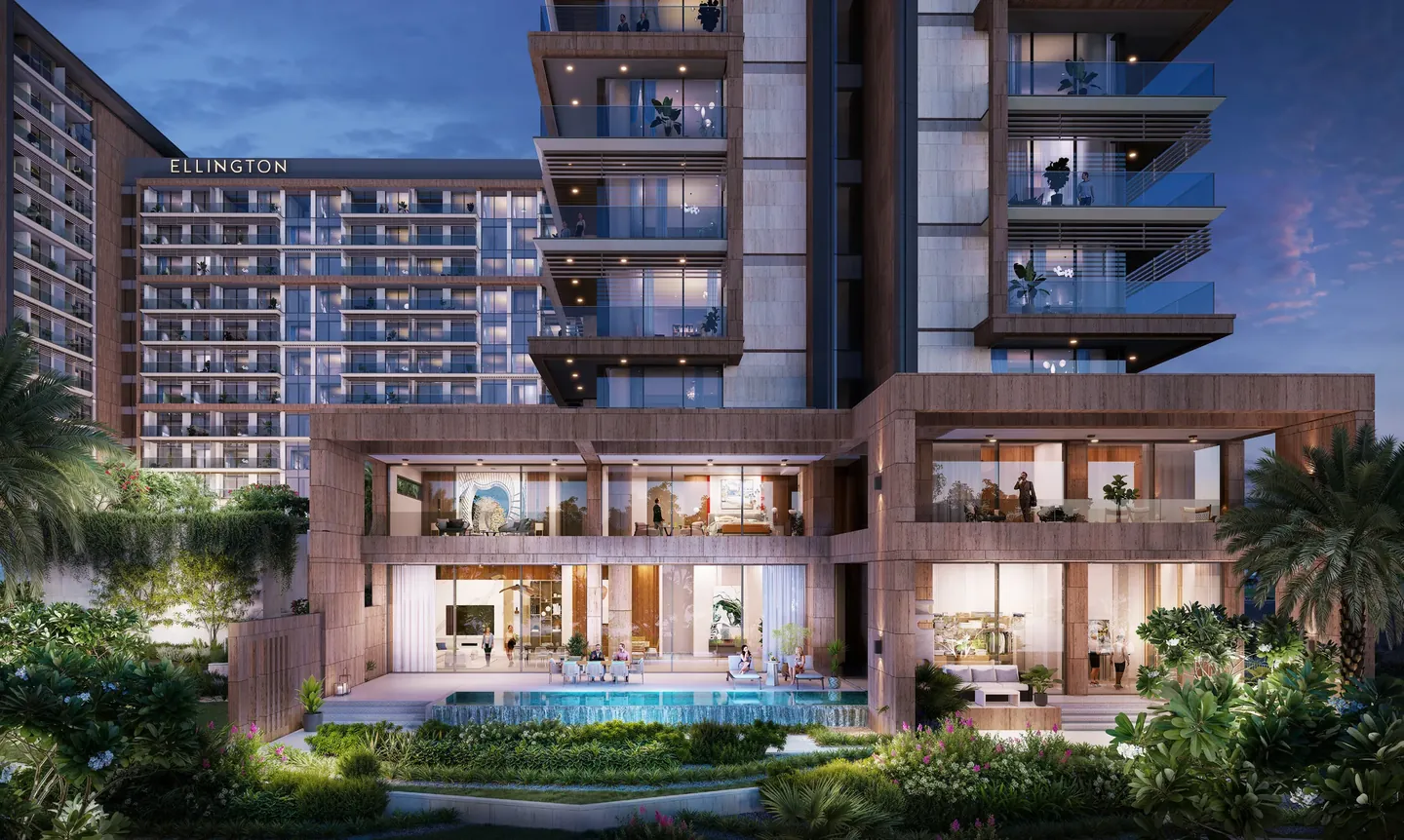 Playa del Sol: Arrival courtyard at night — developer rendering