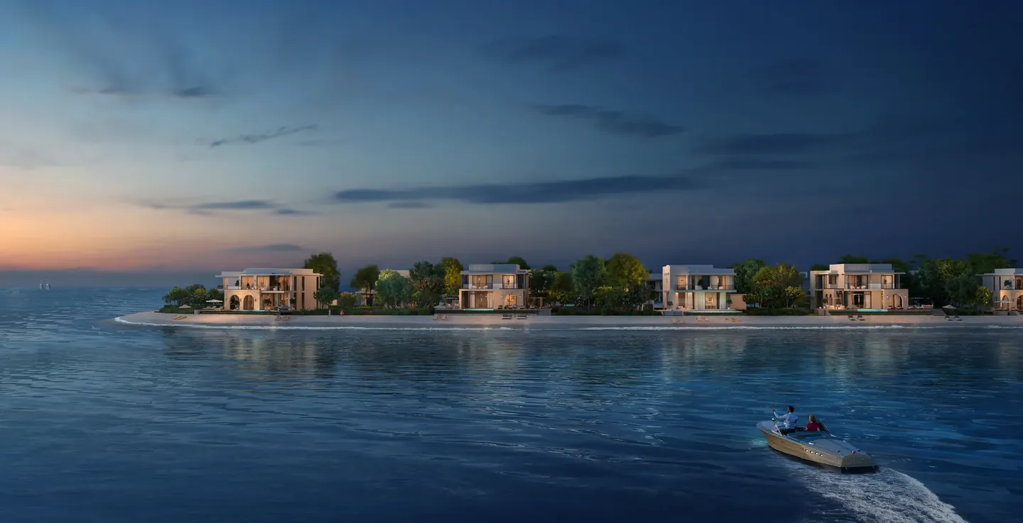 Ramhan Island villas: Villa shoreline at dusk — Phase 5 — developer rendering
