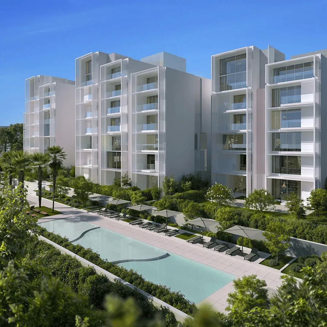 Sealine Residence: Pool courtyard beside the towers — developer rendering