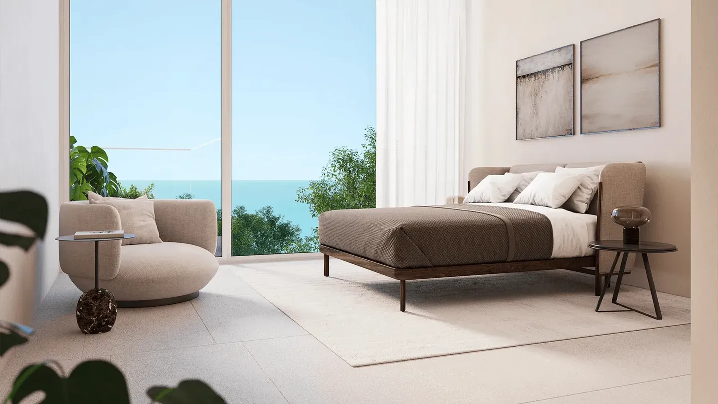 Sealine Residence: Bedroom opening onto a sea-view terrace — developer rendering