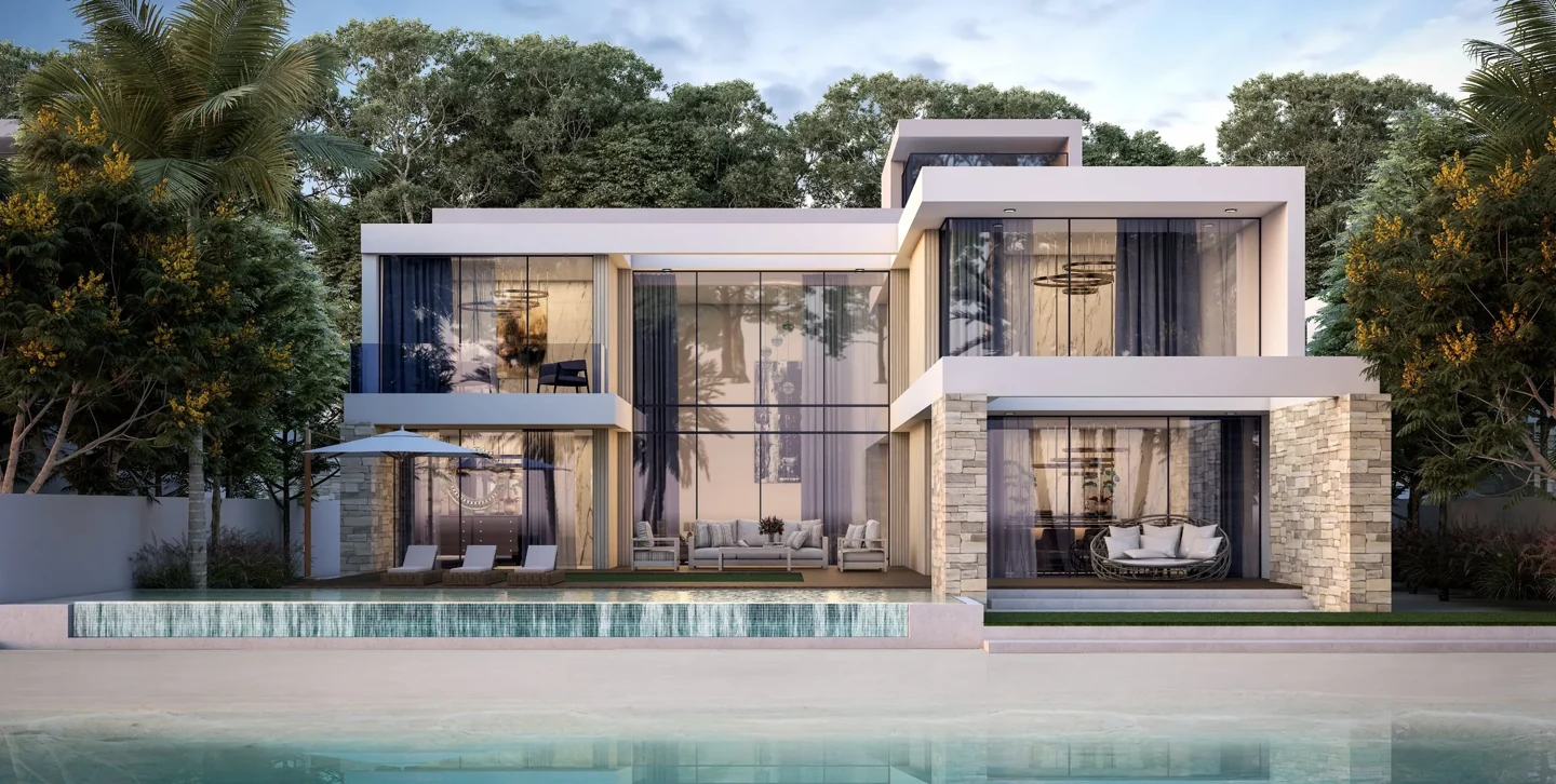 Palm Grove / Coral Beach Villas: Coral Beach stone and timber villa facade — developer rendering