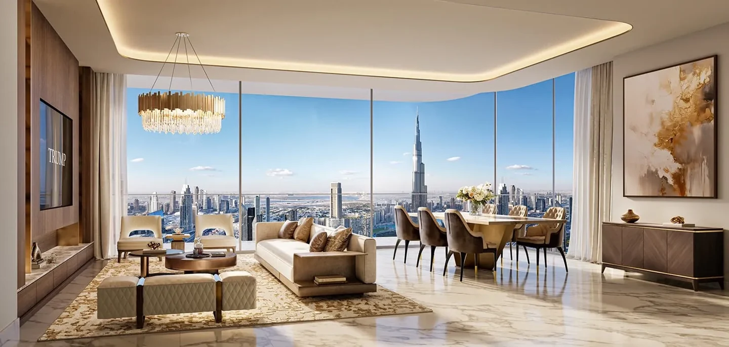 Trump International Hotel & Tower Dubai: three-bedroom residence living and dining room, official Dar Global rendering