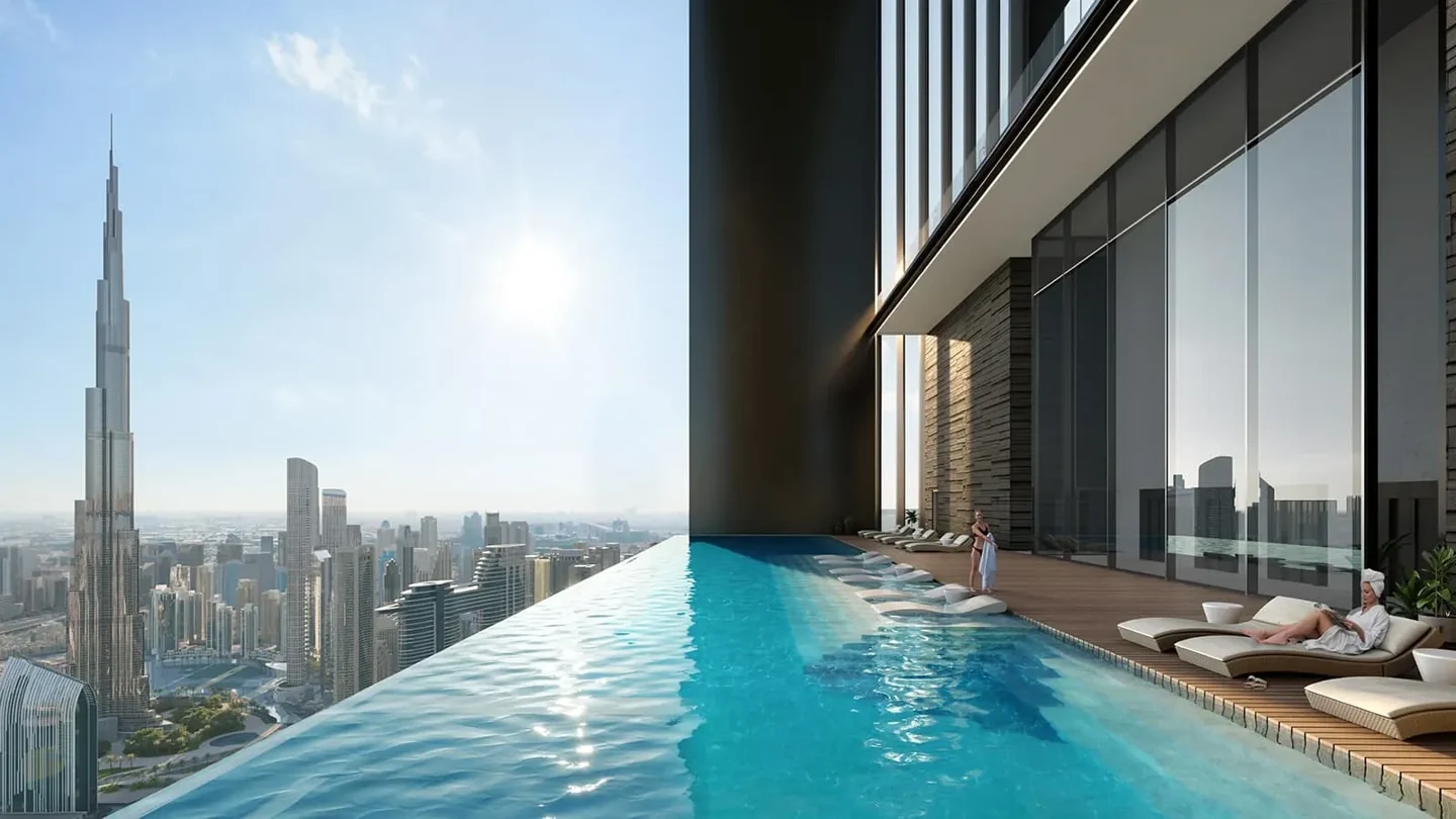 Trump International Hotel & Tower Dubai: residents pool with skyline view, official Dar Global rendering