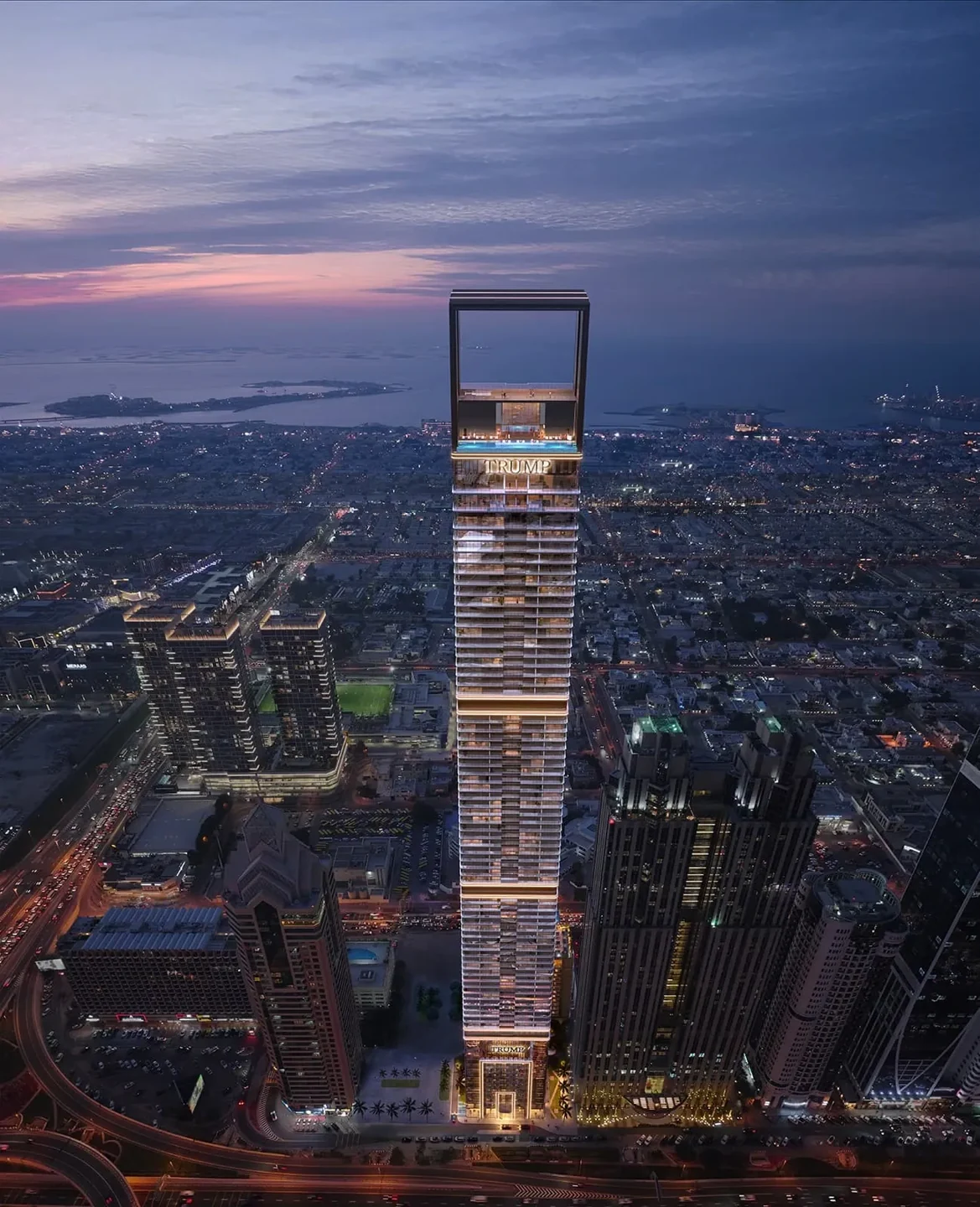 Trump International Hotel & Tower Dubai: full tower at dusk, official Dar Global rendering