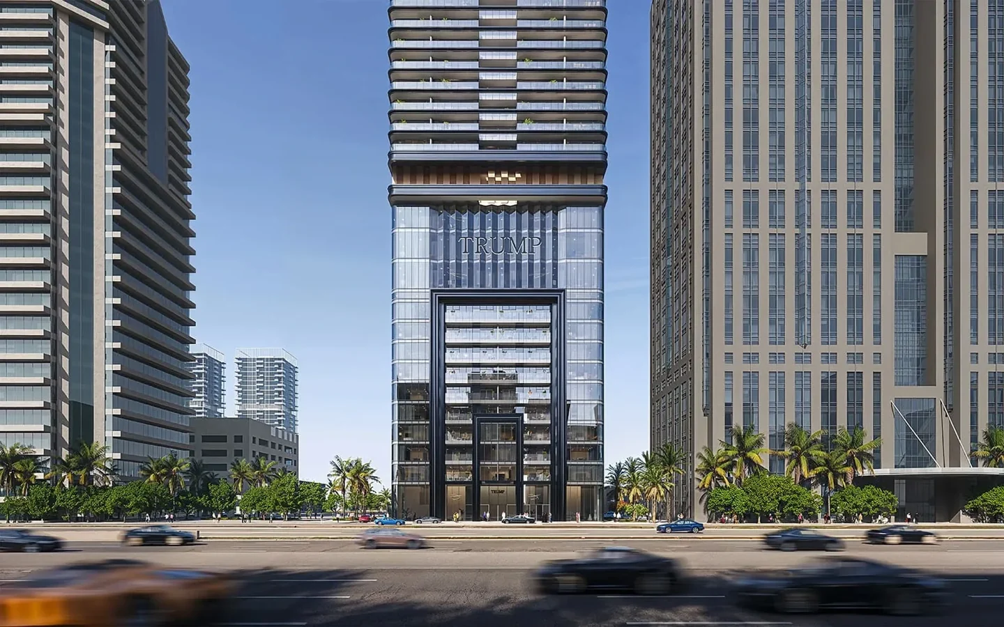 Trump International Hotel & Tower Dubai: tower entrance and facade, official Dar Global rendering